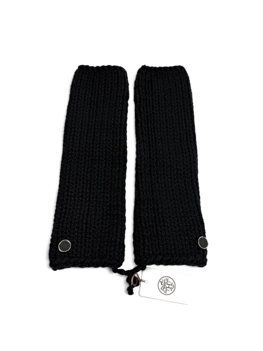 Hermes Silk Cashmere Blend Silver Sellier Knit Arm Warmer Gloves Black TU